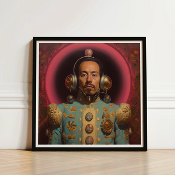 Framed Portrait Man Ornate Teal Gold Ceremonial Attire Gay Mexican Astronaut, Aesthetic, Gayest