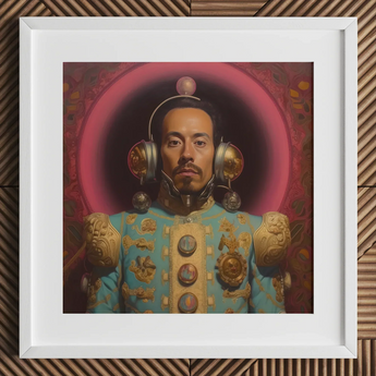Armando - Gay Mexican Astronaut Art Print / Canvas Blue Gold Military-style Jacket Intricate Designs Framed Artwork, Aesthetic, Gayest
