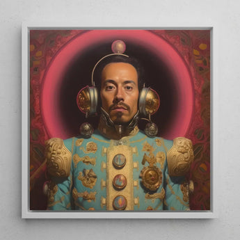 Armando - Gay Mexican Astronaut Art Print / Canvas Framed Portrait Man Ornate Light Blue Gold Ceremonial, Aesthetic, Gayest Prints