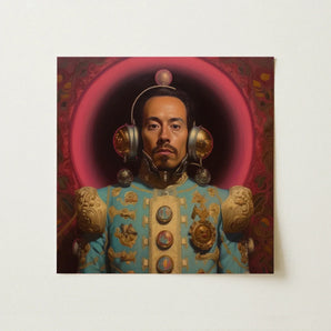 Armando - Gay Mexican Astronaut Art Print / Canvas Portrait Painting Man Ornate Light Blue Gold Ceremonial Gay Mexican Astronaut, Astronaut