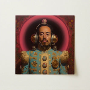 Armando - Gay Mexican Astronaut Art Print / Canvas Portrait Painting Man Ornate Light Blue Gold Ceremonial, Aesthetic, Gayest Prints
