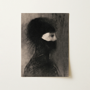 Monochromatic Charcoal Sketch Portrait Figure Profile Rendered Textured Art Print, Odilon Redon’s Armor, Helmeted Woman Turns, Soot-black