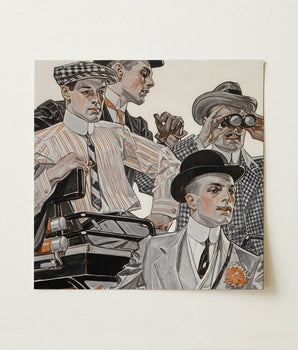 Vintage-style Illustration Four Men Formal Attire Rendered Detailed Arrow Collars, Cluett Shirts, Plate Turned Menswear, Retail,