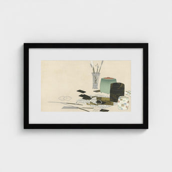 Art Supplies - Kamisaka Sekka Meiji Print / Canvas Black-framed Minimalist Life Inkwells Brushes Paper Sekka’s, Momoyogusa Series