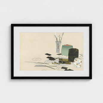 Art Supplies - Kamisaka Sekka Meiji Print / Canvas Black-framed Minimalist Life Inkwells Brushes Decorative Sekka’s, Momoyogusa Series