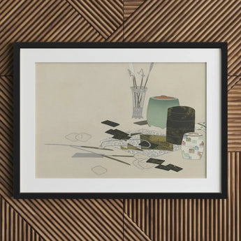 Art Supplies - Kamisaka Sekka Meiji Print / Canvas Black-framed Minimalist Life Ceramic Containers Brushes Sekka’s, Momoyogusa Series