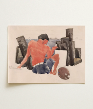 Watercolor Painting Shirtless Man Orange Tones Among Dark Charles Demuth, Turns, Suntan, Art, Print