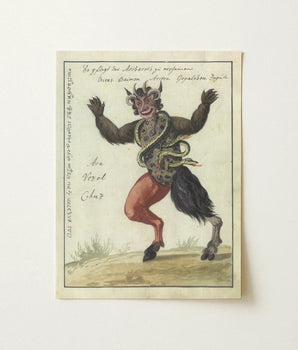Antique Watercolor Illustration Horned Demonic Figure Black Fur Demonology Art Print, Grim Grimoire Hand, Ember Eyes Track