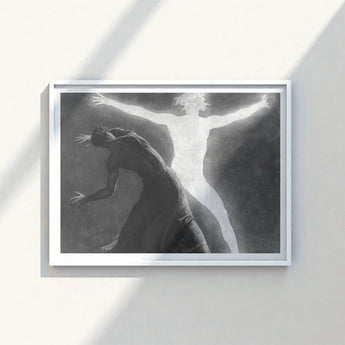 Minimalist White-framed Black-and-white Artwork Two Figures Dramatic Poses Hypnotist Exudes Sculptural, Sascha Schneider Art Print,