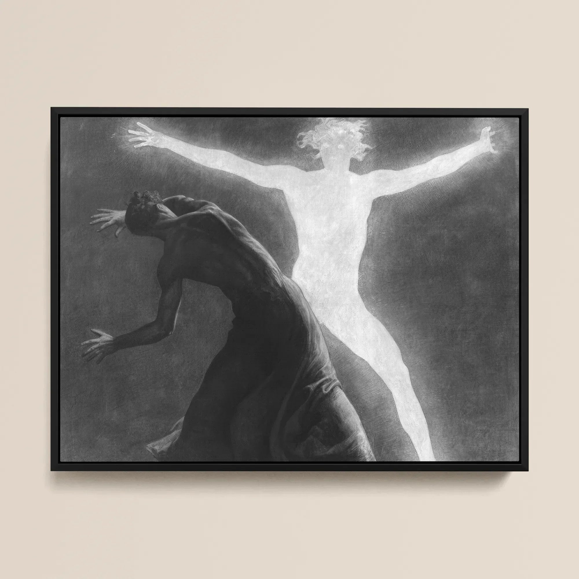 Astral Man - Sascha Schneider Framed Canvas, 16x12’’ / 41x31cm / Black Floating Frame, Framed Black White Artwork Two Figures Dark Contorted