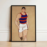 Black-framed Artwork Stylized Illustration Athletic Man Red Blue Athlete Running, Penfield’s, Warm Sand-ochre Field, Edwardian Sporting
