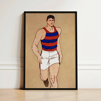 Black-framed Artwork Stylized Illustration Athletic Man Red Blue Athlete Running, Penfield’s, Warm Sand-ochre Field, Edwardian Sporting