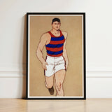Framed Illustration Muscular Man Red Blue Striped Athletic Athlete Running, Penfield’s, Warm Sand-ochre Field, Edwardian Sporting Ideal,