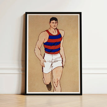 Framed Illustration Muscular Man Red Blue Striped Athletic Athlete Running, Penfield’s, Warm Sand-ochre Field, Edwardian Sporting Ideal,