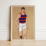 Framed Illustration Muscular Man Red Blue Striped Athletic Athlete Running, Penfield’s, Warm Sand-ochre Field, Edwardian Sporting Ideal,