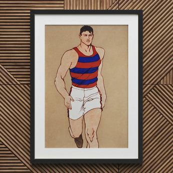 Athlete Running - Edward Penfield Art Print / Canvas Framed Artwork Muscular Male Red Blue Striped, Penfield’s, Warm Sand-ochre Field,