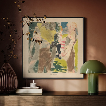 Athletes Dressing - John Copley Art Print / Canvas Framed Abstract Artwork Stylized Figures Muted Greens Yellows, Strips, Interwar British