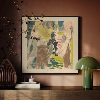 Athletes Dressing - John Copley Art Print / Canvas Framed Abstract Artwork Stylized Figures Muted Greens Yellows, Strips, Interwar British