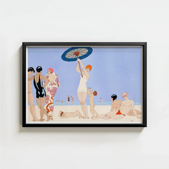Art Deco-style Framed Beach Scene Painting Stylized Figures George Barbier, 1920s Chic