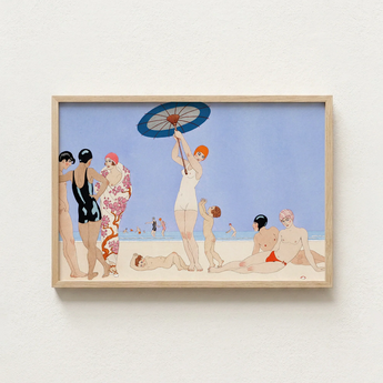 Framed Art Deco-style Beach Scene Painting Stylized Figures George Barbier, 1920s Chic