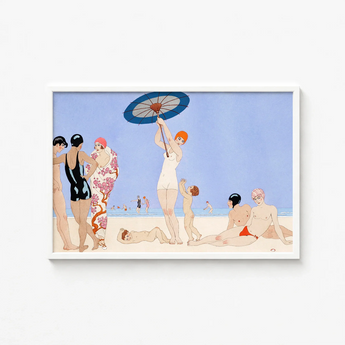 Art Deco-style Framed Beach Scene Poster Stylized Figures George Barbier, 1920s Chic