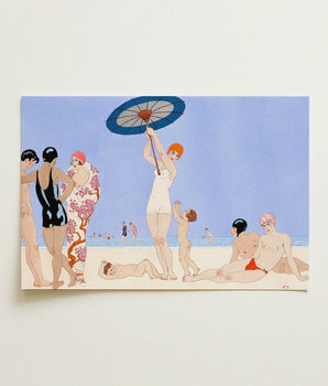 Art Deco-style Beach Scene Poster Stylized Figures Swimwear George Barbier, 1920s Chic