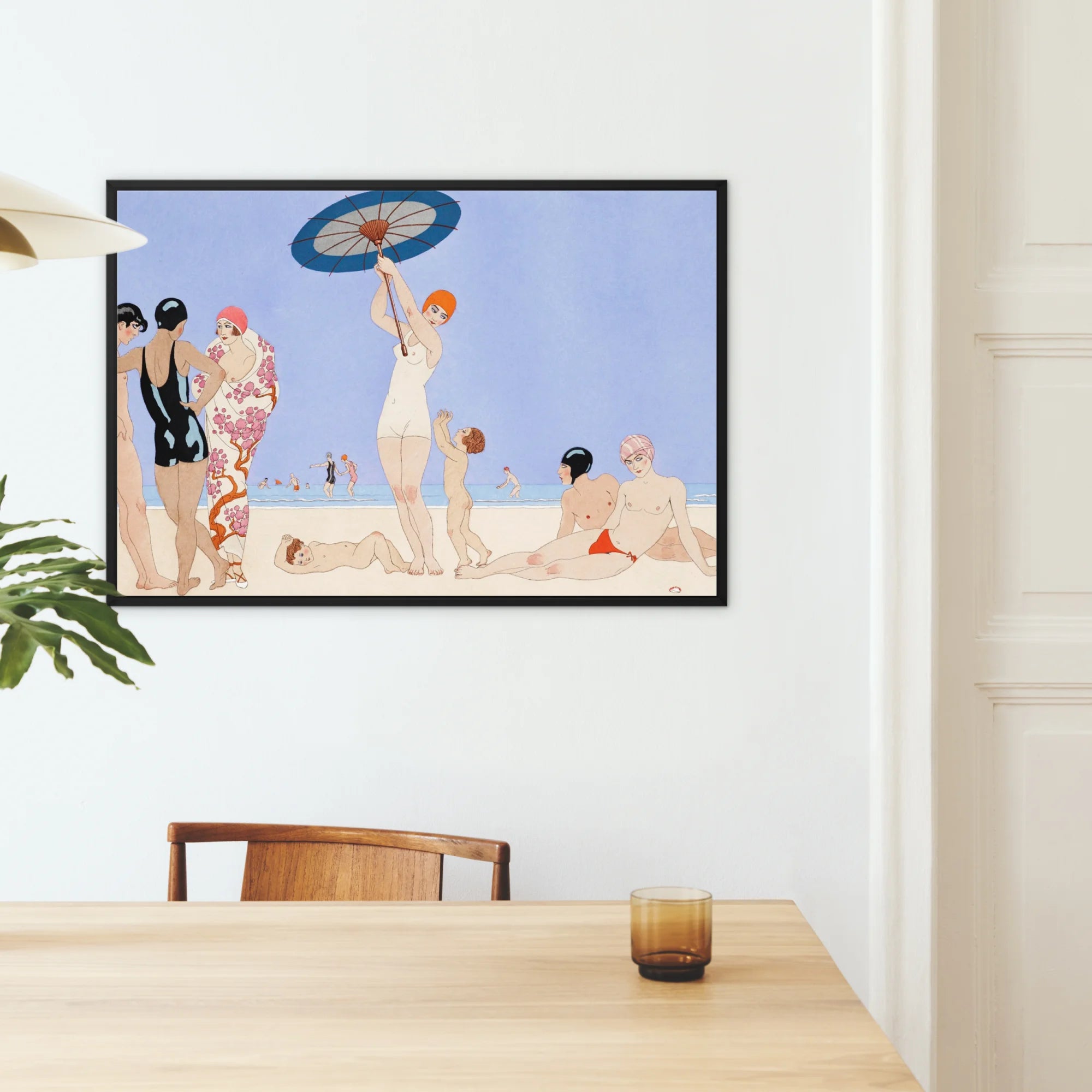 Au Lido George Barbier 1920s Fashion Art Framed Canvas, Framed Vintage Style Art Print People Beach Scene Parasols