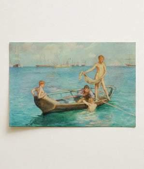 Rectangular Canvas Painting Four Nude Boys Wooden Rowboat Henry Scott Tuke, August Blue, Suspends, Newlyn School’s Maritime