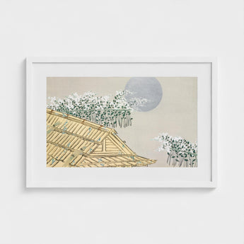 Autumn Evening - Kamisaka Sekka Art Print / Canvas Framed Artwork Traditional Japanese-style Roof White Blossoms Gray, Lacquered Hush