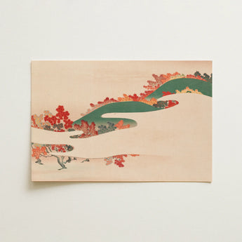 Rectangular Japanese-style Print Stylized Autumn Trees Vibrant Reds Kamisaka Sekka, Art, Hills, Ritual Called Momijigari, Late