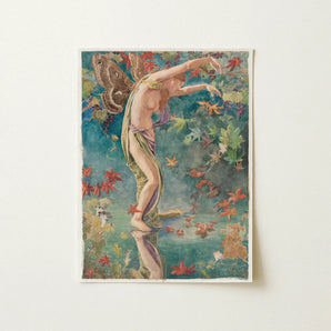 Autumn Scattering Leaves - John La Farge Art Print / Canvas Vintage-style Winged Figure Green Purple Fabric Surrounded, Farge’s,