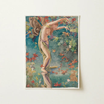 Autumn Scattering Leaves - John La Farge Art Print / Canvas Vintage-style Winged Figure Green Purple Fabric Surrounded, Farge’s,