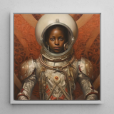 Ava - Impresión artística de astronauta lesbiana negra / Lienzo, 12x12’’ / 31x31cm / Marco blanco, Pósteres, impresiones y obra visual, Toby Leon
