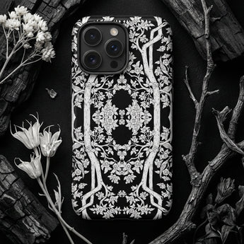 Aviary Black Aesthetic Pattern Art Iphone Case Black Phone Case Intricate White Floral Vine Patterns Pattern Art Phone, Battle-tested