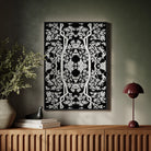 Aviary - Thai Aesthetic Pattern Art Framed Canvas, Black White Ornate Damask Pattern Artwork Frame