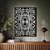 Aviary - Thai Aesthetic Pattern Art Print / Canvas Black-framed Artwork Intricate White Floral Tree Patterns Dark Fine Paper, Black, Bold