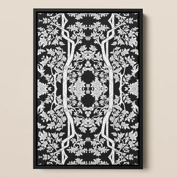 Aviary - Thai Aesthetic Pattern Art Print / Canvas Black-framed Artwork Intricate White Line Symmetrical Trees Blossoms Fine Paper, Black,