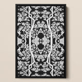 Aviary - Thai Aesthetic Pattern Art Print / Canvas Black-framed Artwork Intricate White Line Symmetrical Trees Blossoms Fine Paper, Black,