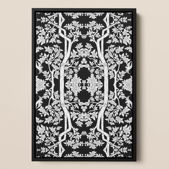Aviary - Thai Aesthetic Pattern Art Print / Canvas Black-framed Artwork Intricate White Line Symmetrical Trees Blossoms Fine Paper, Black,