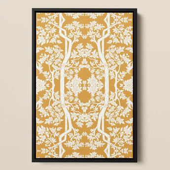 Aviary - Thai Aesthetic Pattern Art Print / Canvas Framed Artwork Intricate White Floral Tree Mustard Fine Paper, Black, Bold Statements