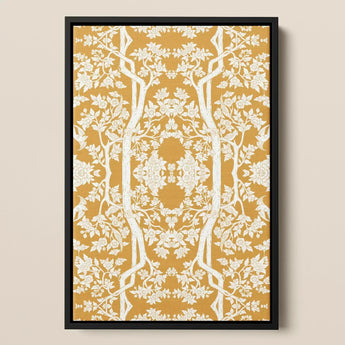 Aviary - Thai Aesthetic Pattern Art Print / Canvas Framed Artwork Intricate White Floral Tree Mustard Fine Paper, Black, Bold Statements