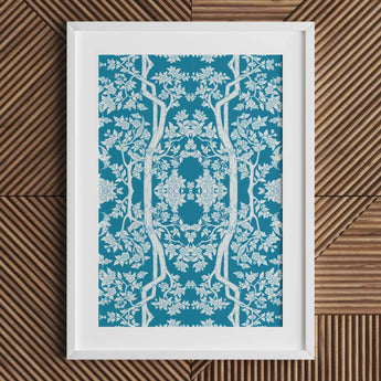 Aviary - Thai Aesthetic Pattern Art Print / Canvas Framed Artwork Intricate White Floral Tree Teal Fine Paper, Black, Bold Statements Prints