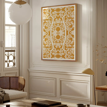 Aviary - Thai Aesthetic Pattern Art Print / Canvas Gold-framed Artwork Intricate White Tree Floral Mustard-yellow Fine Paper, Black, Bold