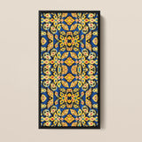 Rectangular Framed Artwork Intricate Symmetrical Pattern Golden Floral Mesmerizing Thai Mosaic, Traditional Design, Kitschy Grandeur