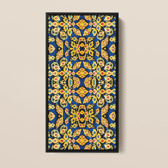 Rectangular Framed Artwork Intricate Symmetrical Pattern Golden Floral Mesmerizing Thai Mosaic, Traditional Design, Kitschy Grandeur