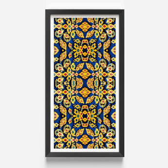 Framed Artwork Vibrant Symmetrical Pattern Golden Red Floral Mesmerizing Thai Mosaic, Traditional Design, Kitschy Grandeur