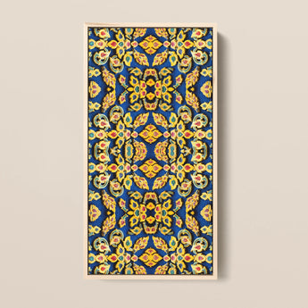 Rectangular Framed Artwork Intricate Symmetrical Pattern Golden Floral Mesmerizing Thai Mosaic, Traditional Design, Kitschy Grandeur