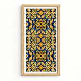 Vibrant Blue Gold Ornate Patterned Art Print Light Mesmerizing Thai Mosaic, Traditional Design, Kitschy Grandeur