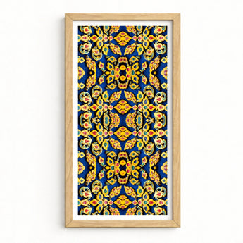 Vibrant Blue Gold Ornate Patterned Art Print Light Mesmerizing Thai Mosaic, Traditional Design, Kitschy Grandeur