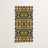Vibrant Blue Rectangular Wall Intricate Symmetrical Pattern Golden Mesmerizing Thai Mosaic, Traditional Design, Kitschy Grandeur